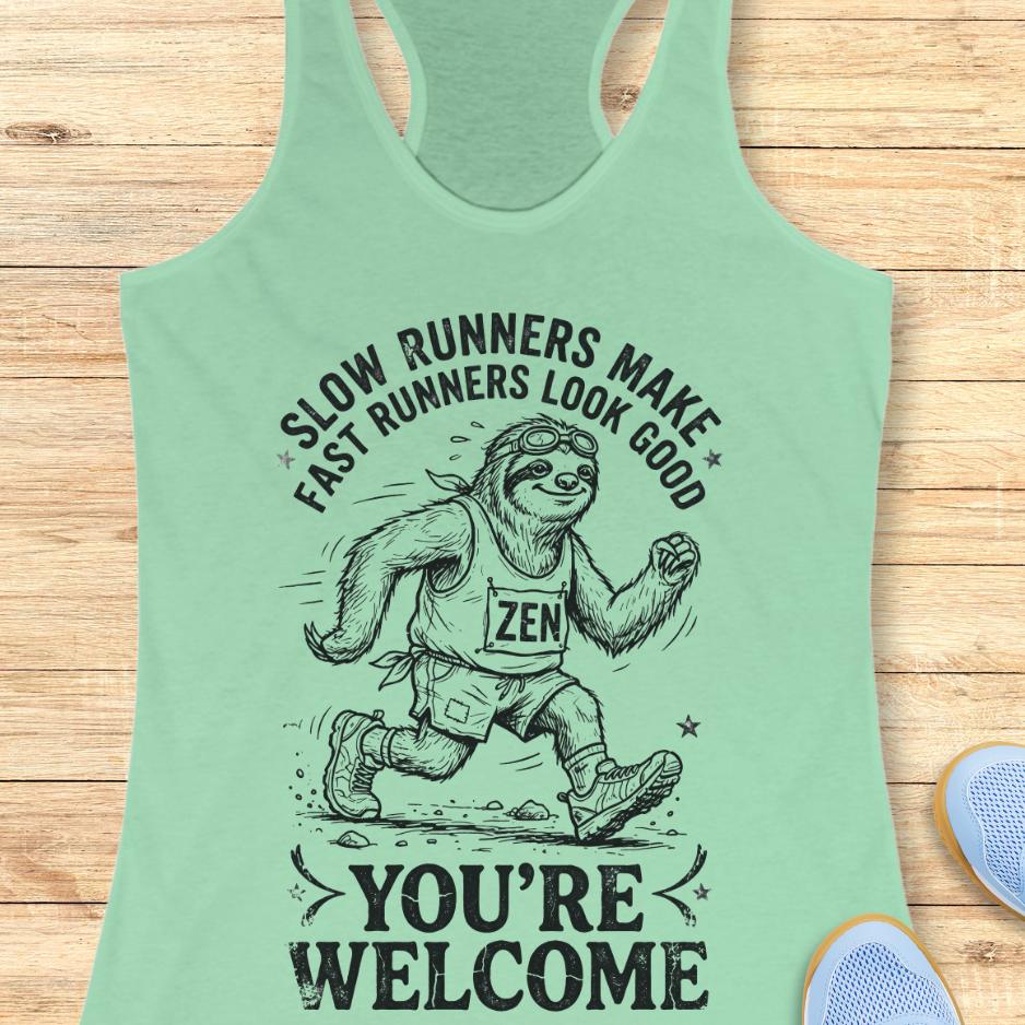 mint tank top with an image of a sloth runner and the text - slow runners make fast runners look good. you're welcome. on a wooden background