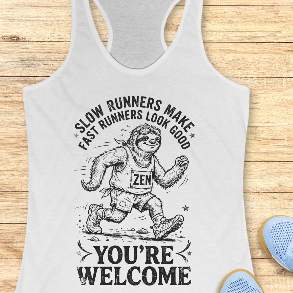 white tank top with an image of a sloth runner and the text - slow runners make fast runners look good. you're welcome. on a wooden background