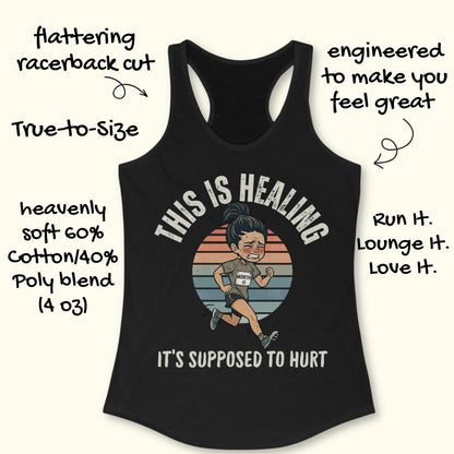 black tank top with an image of a woman running and a text - this is healing, it's supposed to hurt, on a white background