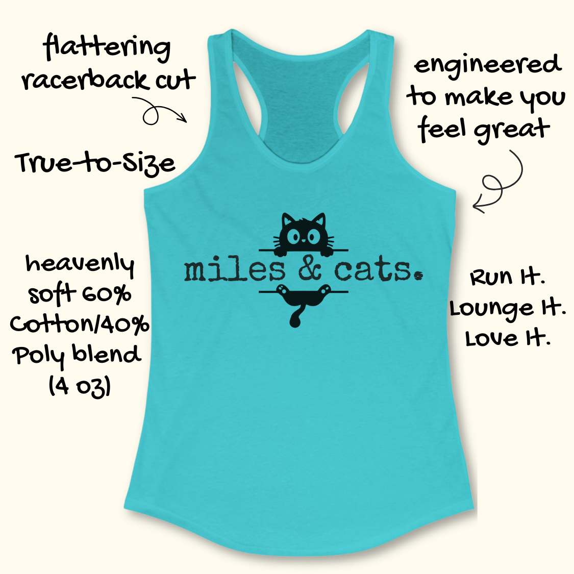 Turquoise tank top with 'miles & cats' text and cat illustrations on a white background