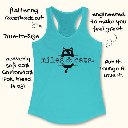 Turquoise tank top with 'miles & cats' text and cat illustrations on a white background