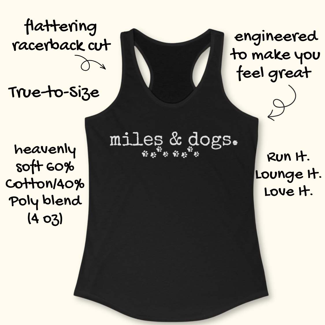 Black tank top with 'miles & coffee' text and graphics on a white background
