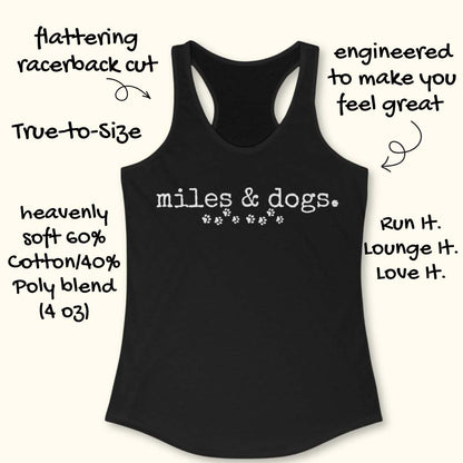 Black tank top with 'miles & coffee' text and graphics on a white background