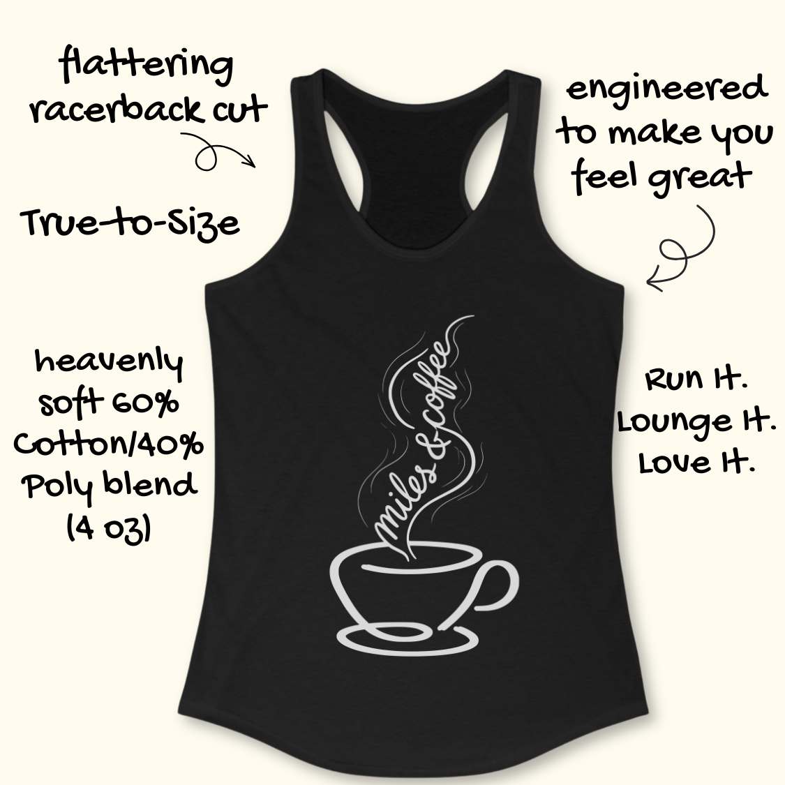 Black tank top with a coffee cup graphic and text miles and coffee on a white background