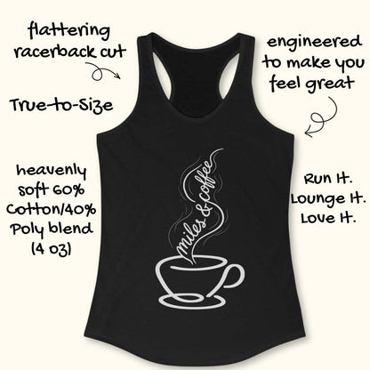 Black tank top with a coffee cup graphic and text miles and coffee on a white background