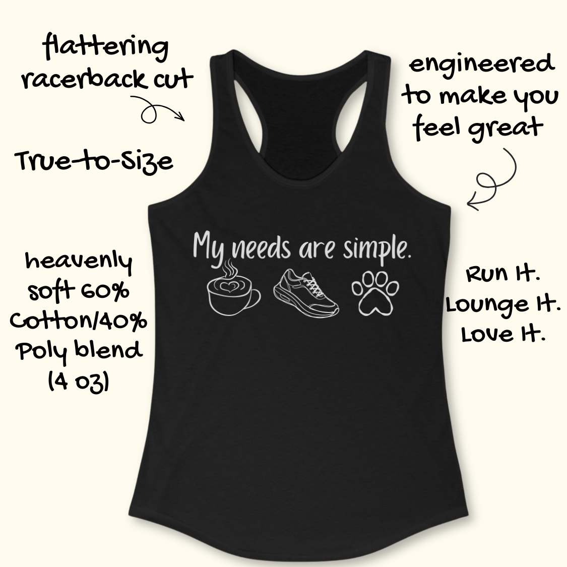 Black tank top with text My needs are simple, and graphics on a white background