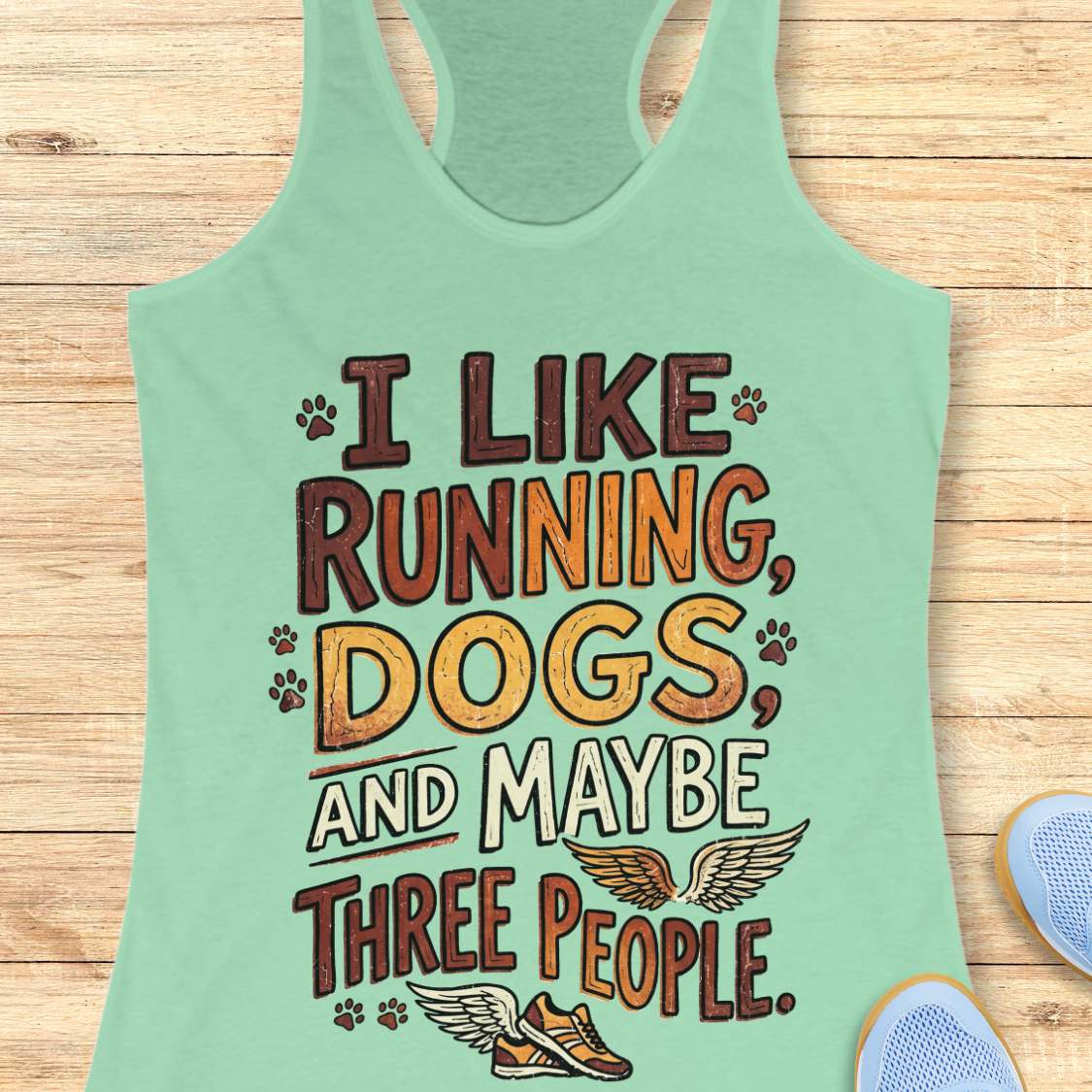 Mint green tank top with text 'I like running, dogs, and maybe three people' on a wooden surface.