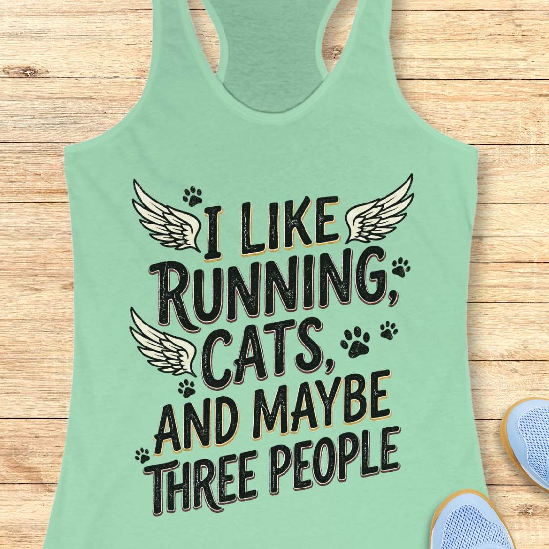 Mint green tank top with text 'I like running, cats, and maybe three people' on a wooden surface.