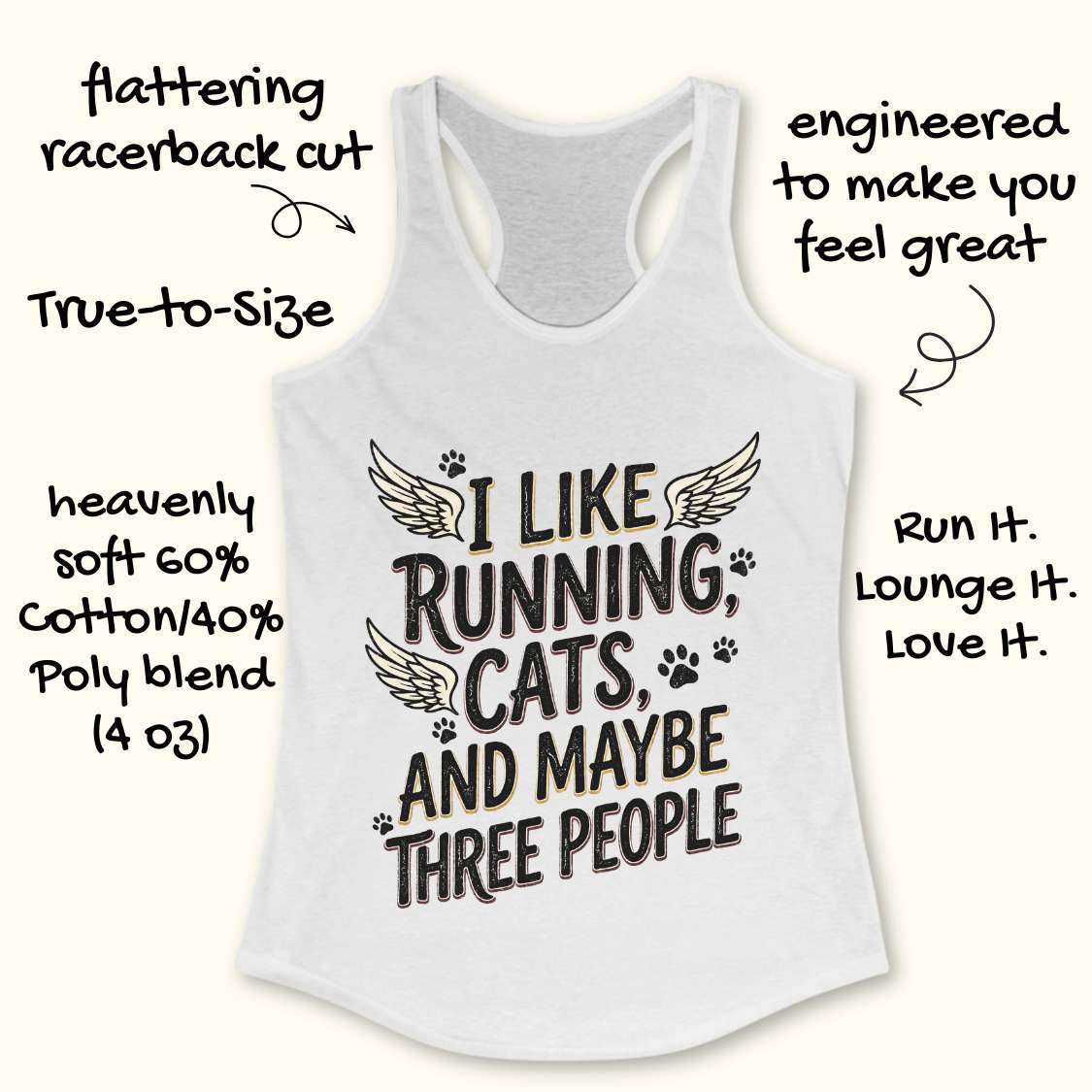 White tank top with text 'I Like Running, Cats, and Maybe Three People' on a white background