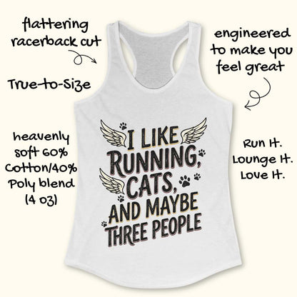 White tank top with text 'I Like Running, Cats, and Maybe Three People' on a white background