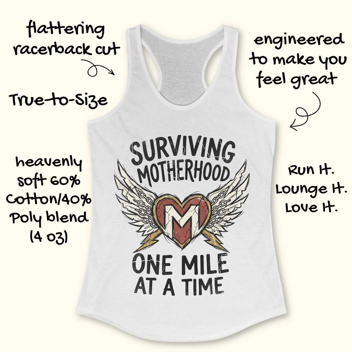 White tank top with graphic design and text on a white background