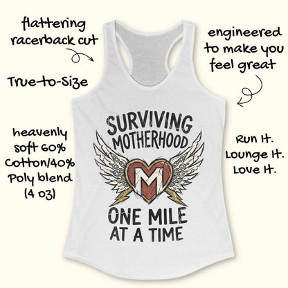 White tank top with graphic design and text on a white background