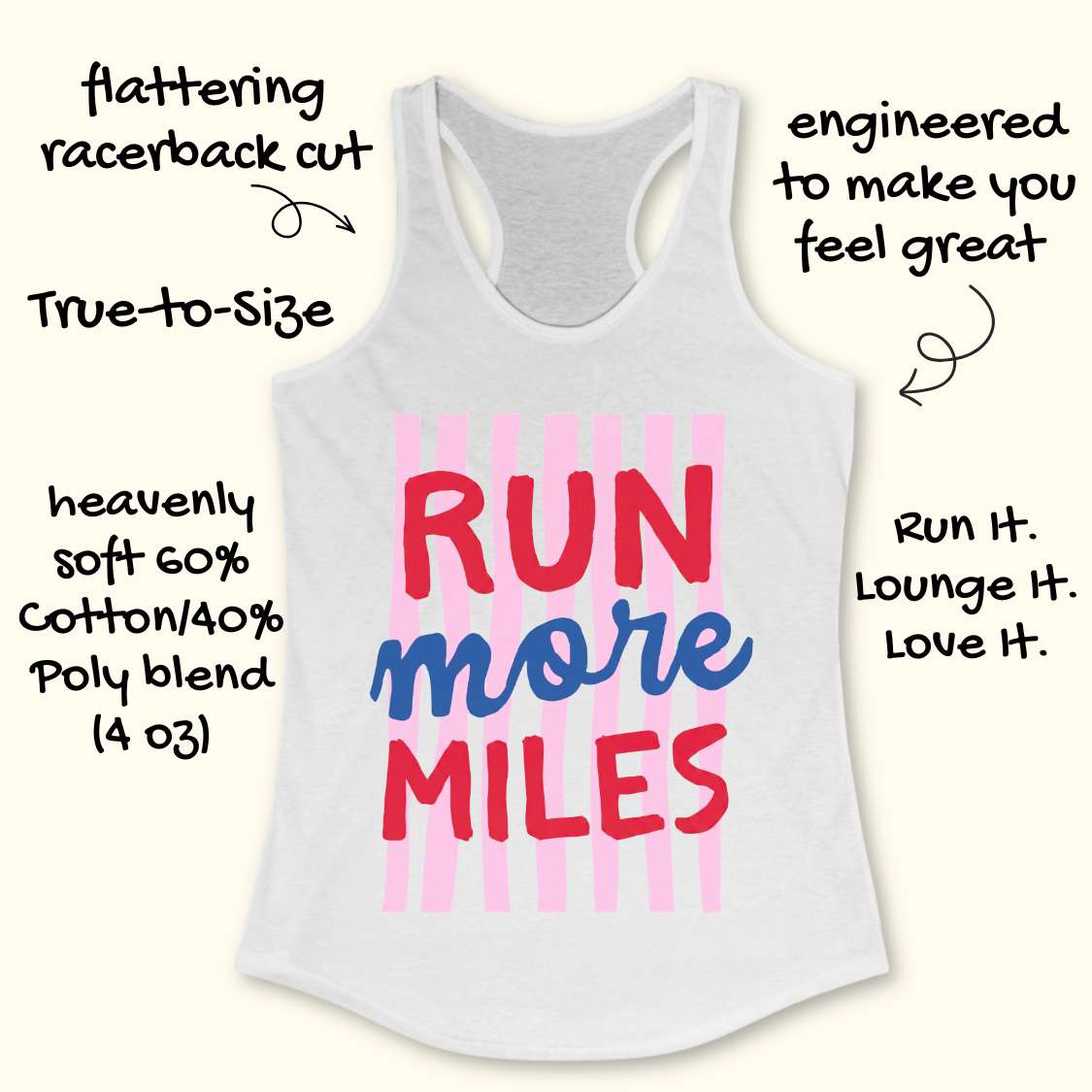 White tank top with 'RUN more MILES' text on a white background
