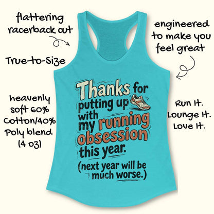 Turquoise tank top with humorous running text design on a white background