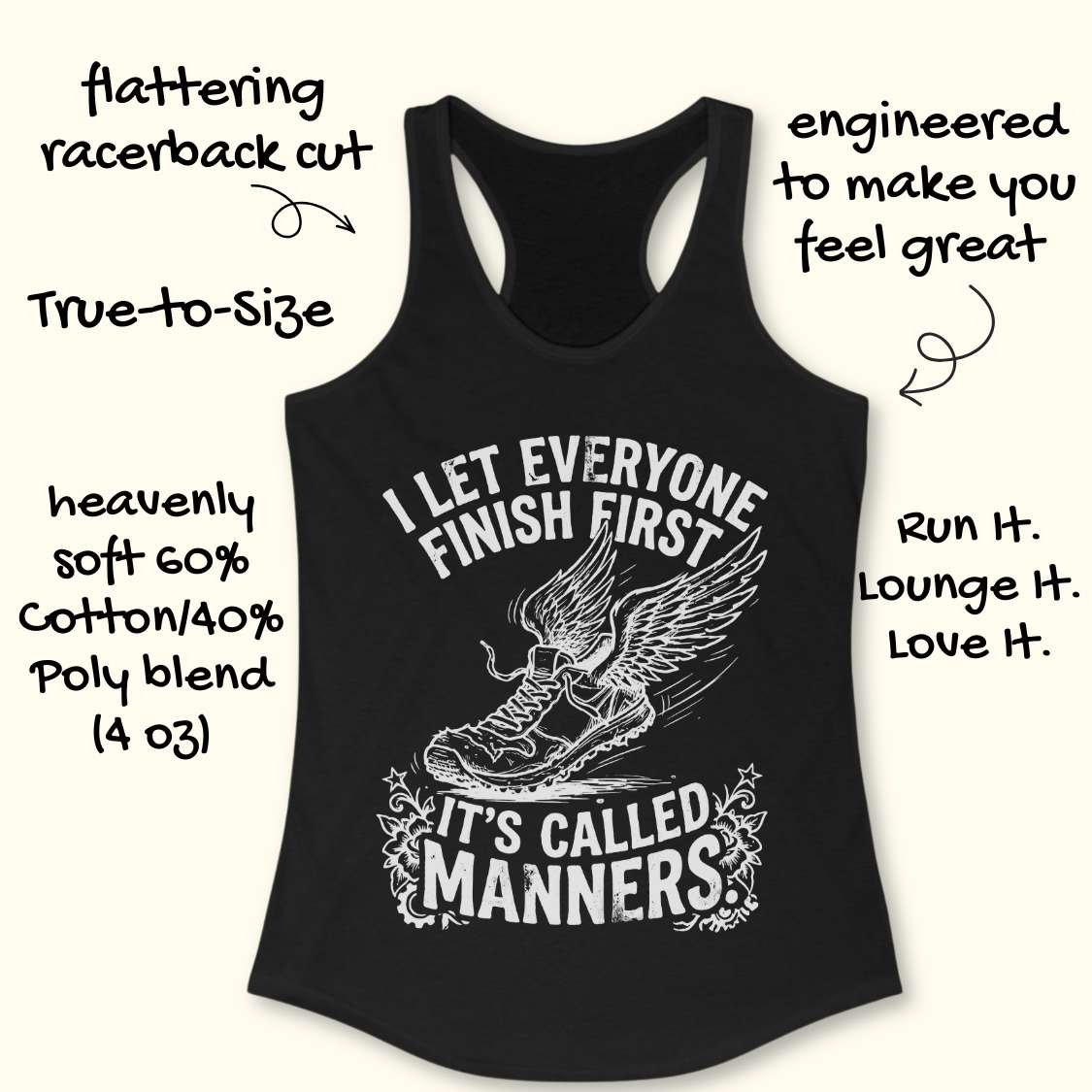 Black tank top with graphic design and text on a white background