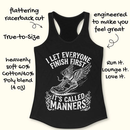 Black tank top with graphic design and text on a white background