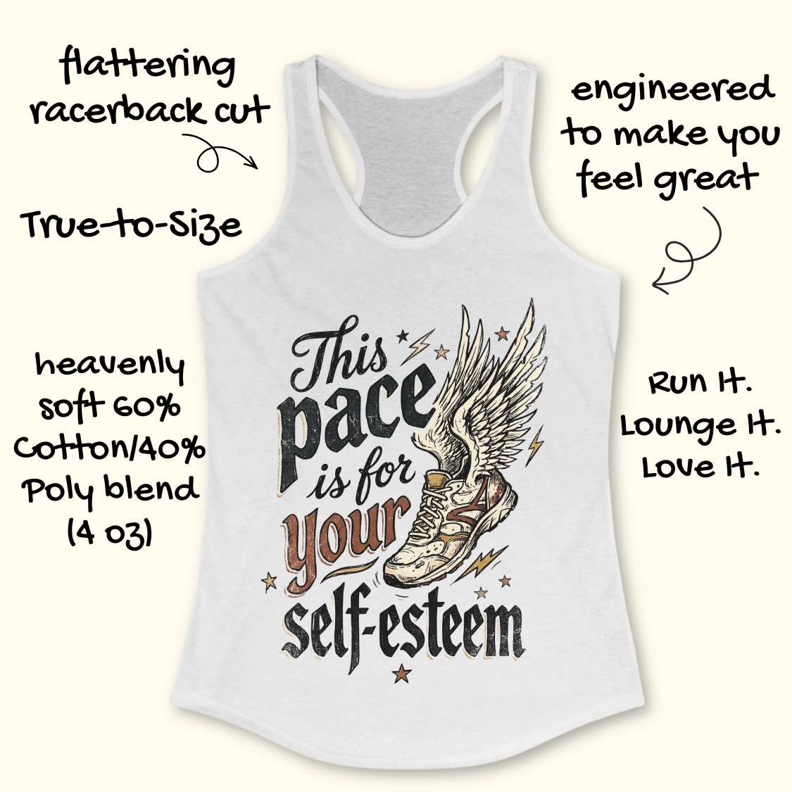 White tank top with motivational text and graphic design on a white background