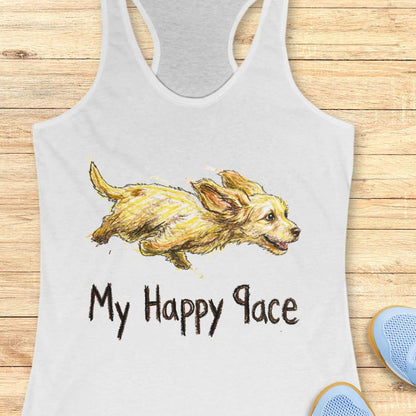 white tank top with a dog illustration and 'My Happy Pace' text on a wooden surface.