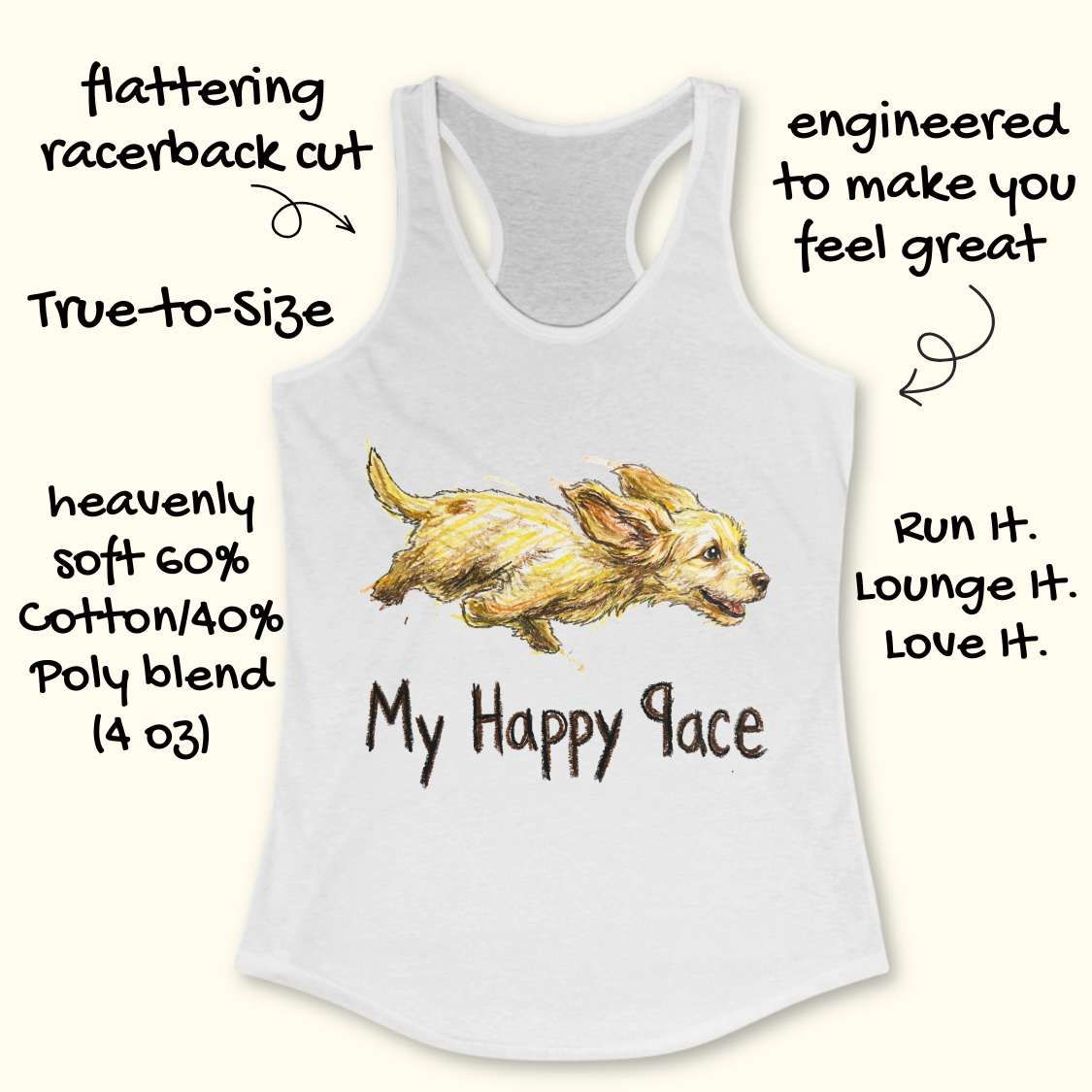 White tank top with a dog illustration and text on a white background