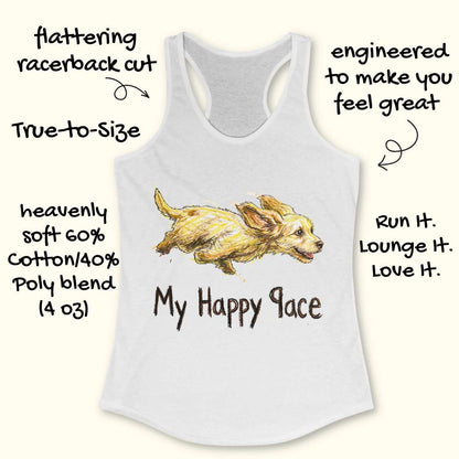 White tank top with a dog illustration and text on a white background
