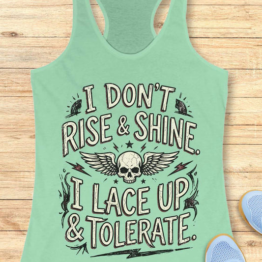 Mint green tank top with skull design and text on a wooden surface