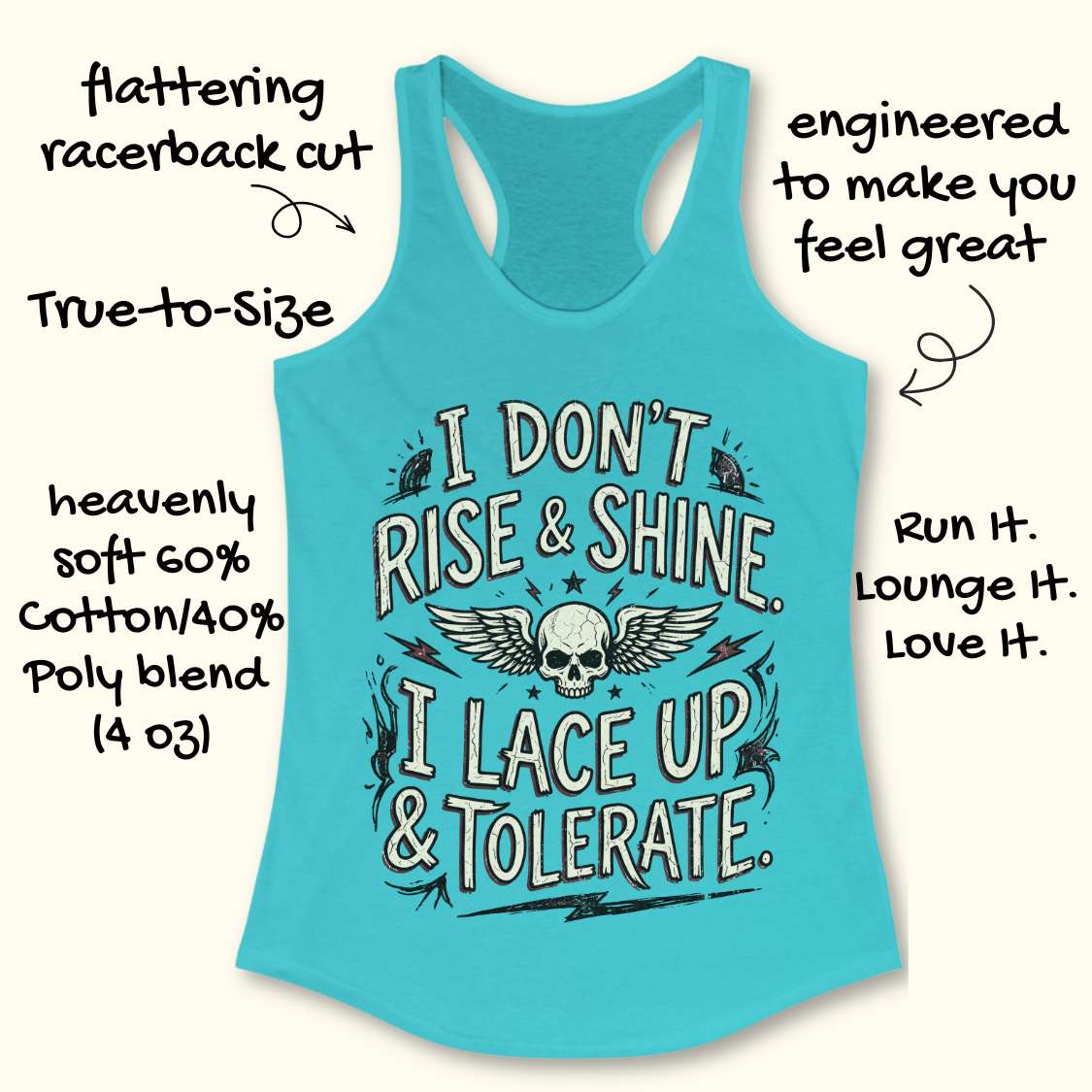 Turquoise tank top with text and skull design on a white background