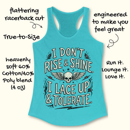 Turquoise tank top with text and skull design on a white background