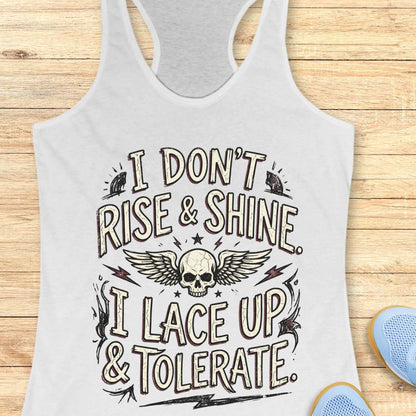 white tank top with motivational text design on a wooden surface