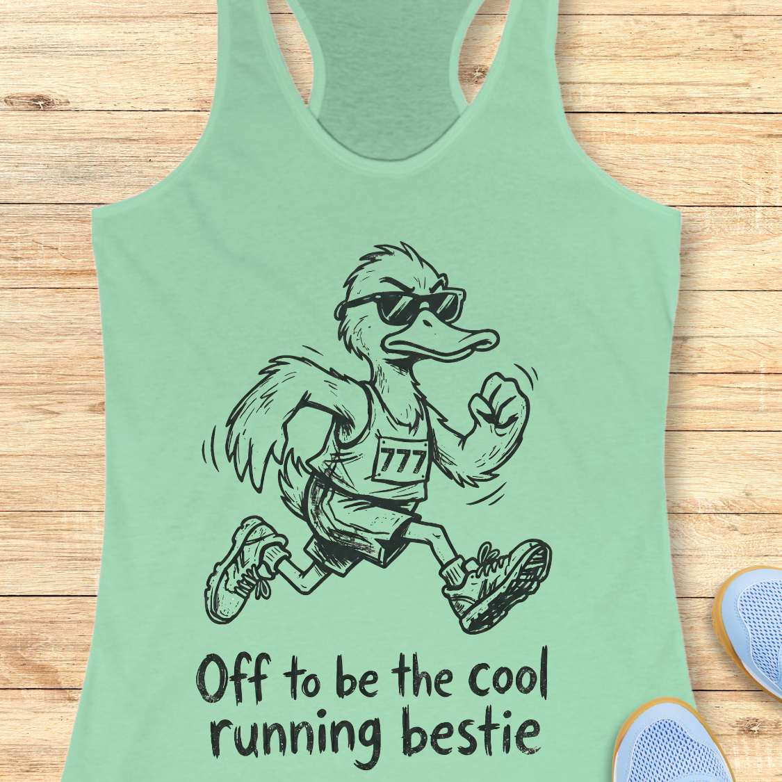 Mint green tank top with a cartoon ostrich running and sunglasses on, text 'Off to be the cool running bestie' on a wooden surface.