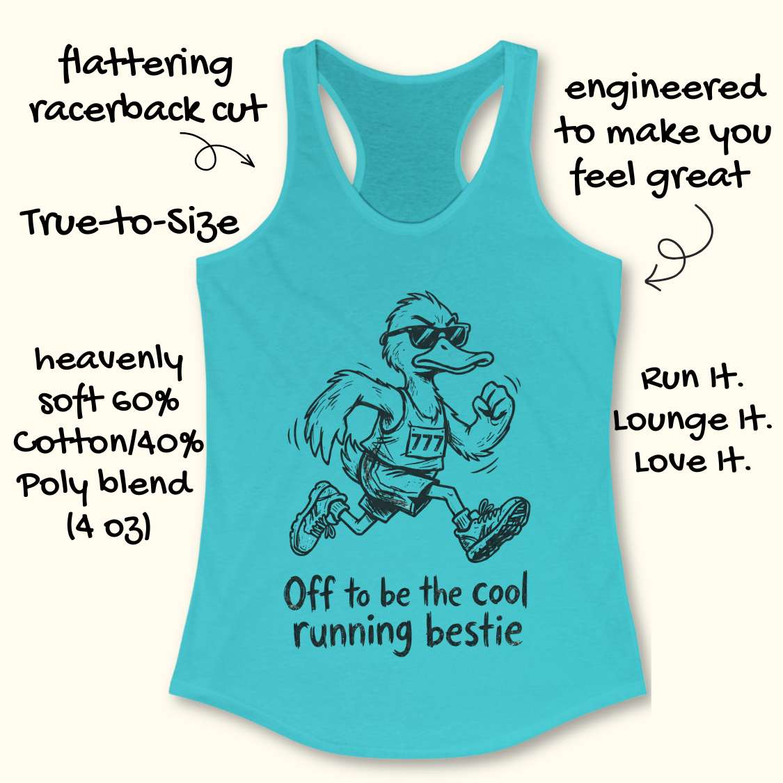 blue tank top with a cartoon ostrich running and sunglasses on, text 'Off to be the cool running bestie' on a white surface.