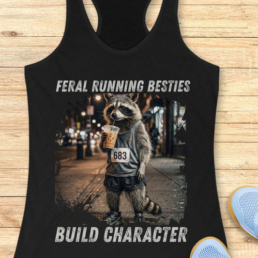 Black tank top with a graphic of a raccoon holding a coffee cup and text  "feral running besties build character" on a wooden surface.