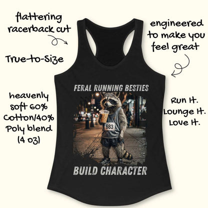 Black tank top with a graphic of a raccoon holding a coffee cup and text  "feral running besties build character" on a white surface.