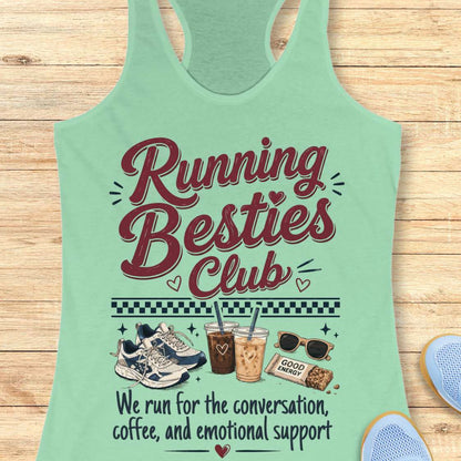 Mint green tank top with 'Running Besties Club' text and graphics on a wooden surface