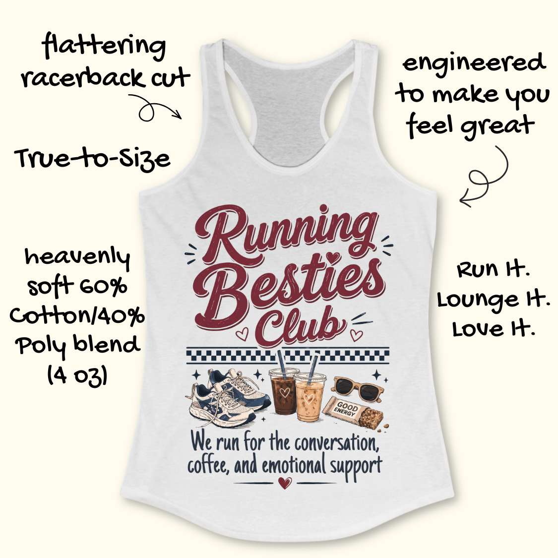 White tank top with 'Running Besties Club' design on a white background