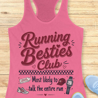 Pink tank top with 'Running Besties Club' text on a wooden surface