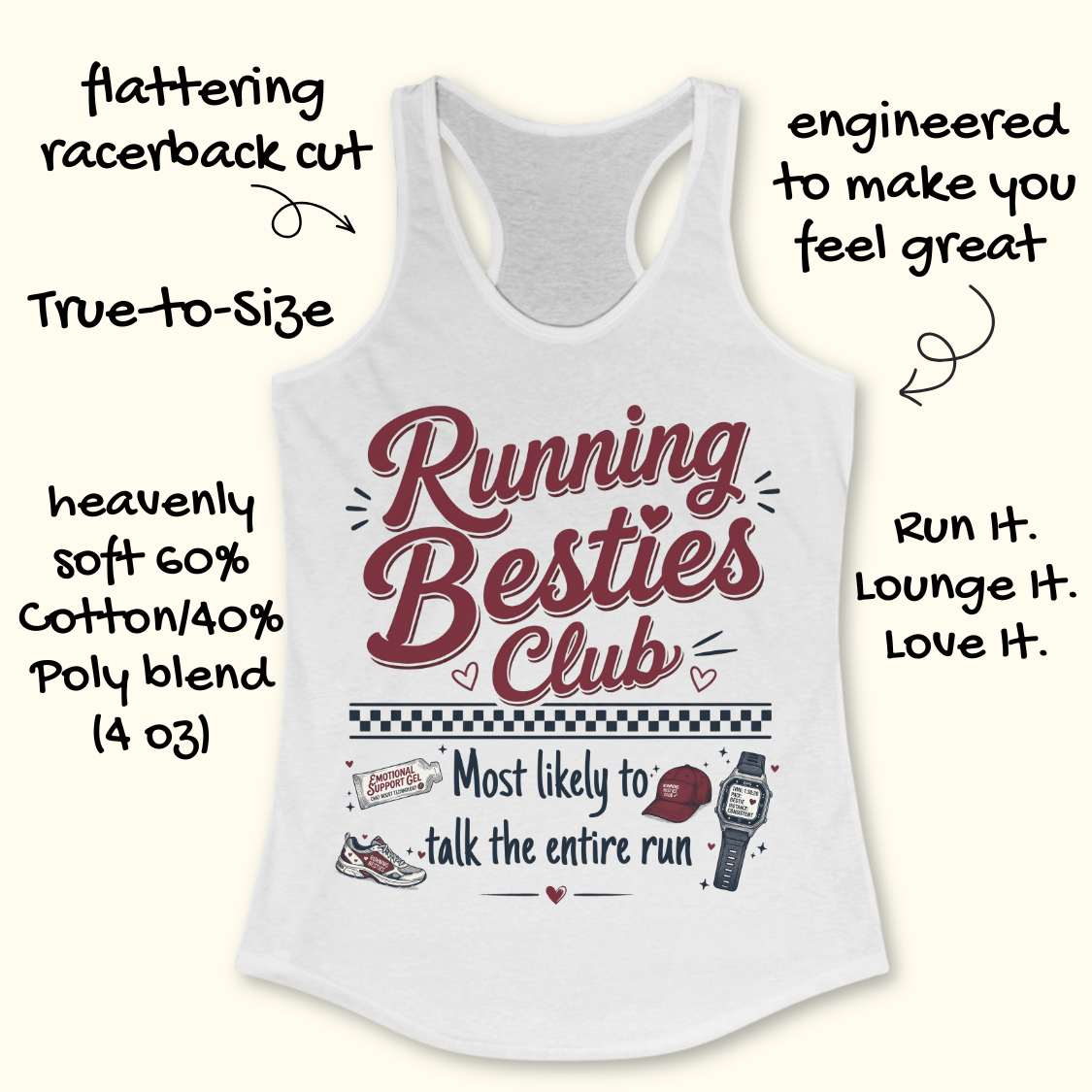 White tank top with 'Running Besties Club' text and graphics on a white background