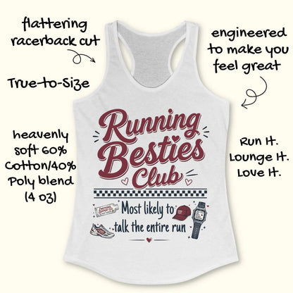 White tank top with 'Running Besties Club' text and graphics on a white background