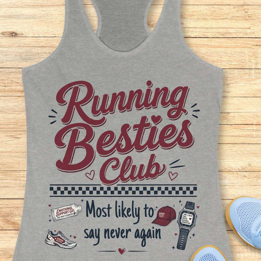 Gray tank top with 'Running Besties Club' text and graphics on a wooden surface