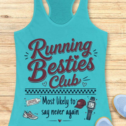 Turquoise tank top with 'Running Besties Club' text and graphics on a wooden surface