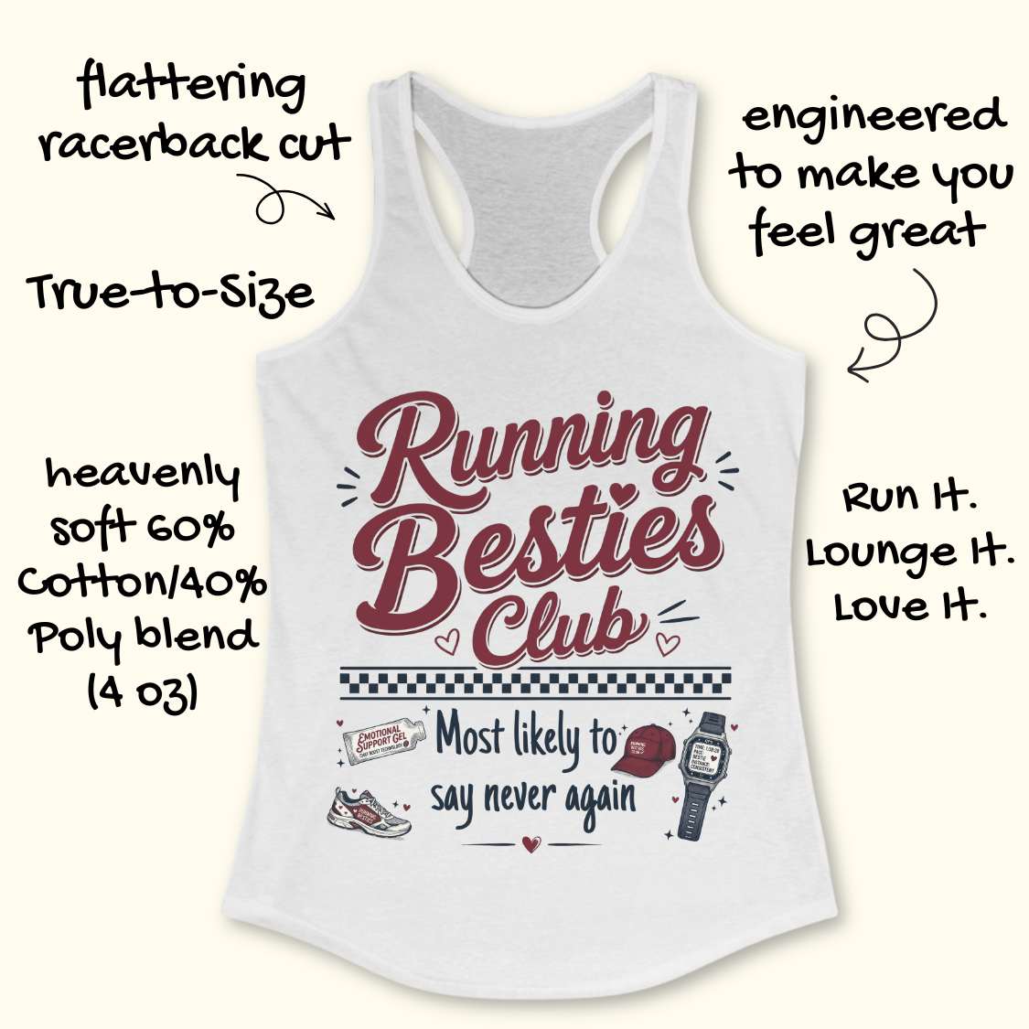 White tank top with 'Running Besties Club' text and graphics on a white background