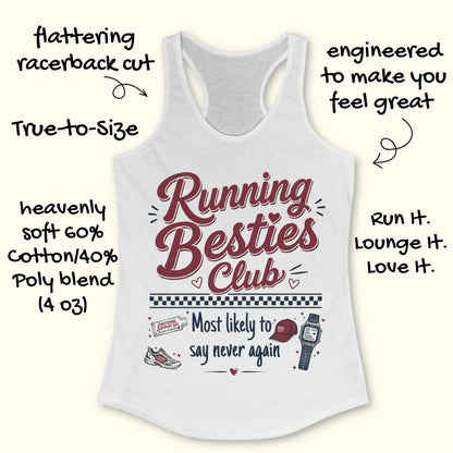 White tank top with 'Running Besties Club' text and graphics on a white background