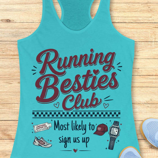 Turquoise tank top with 'Running Besties Club' text on a wooden surface