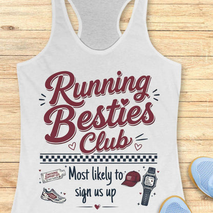 white tank top with 'Running Besties Club' text and graphics on a wooden surface