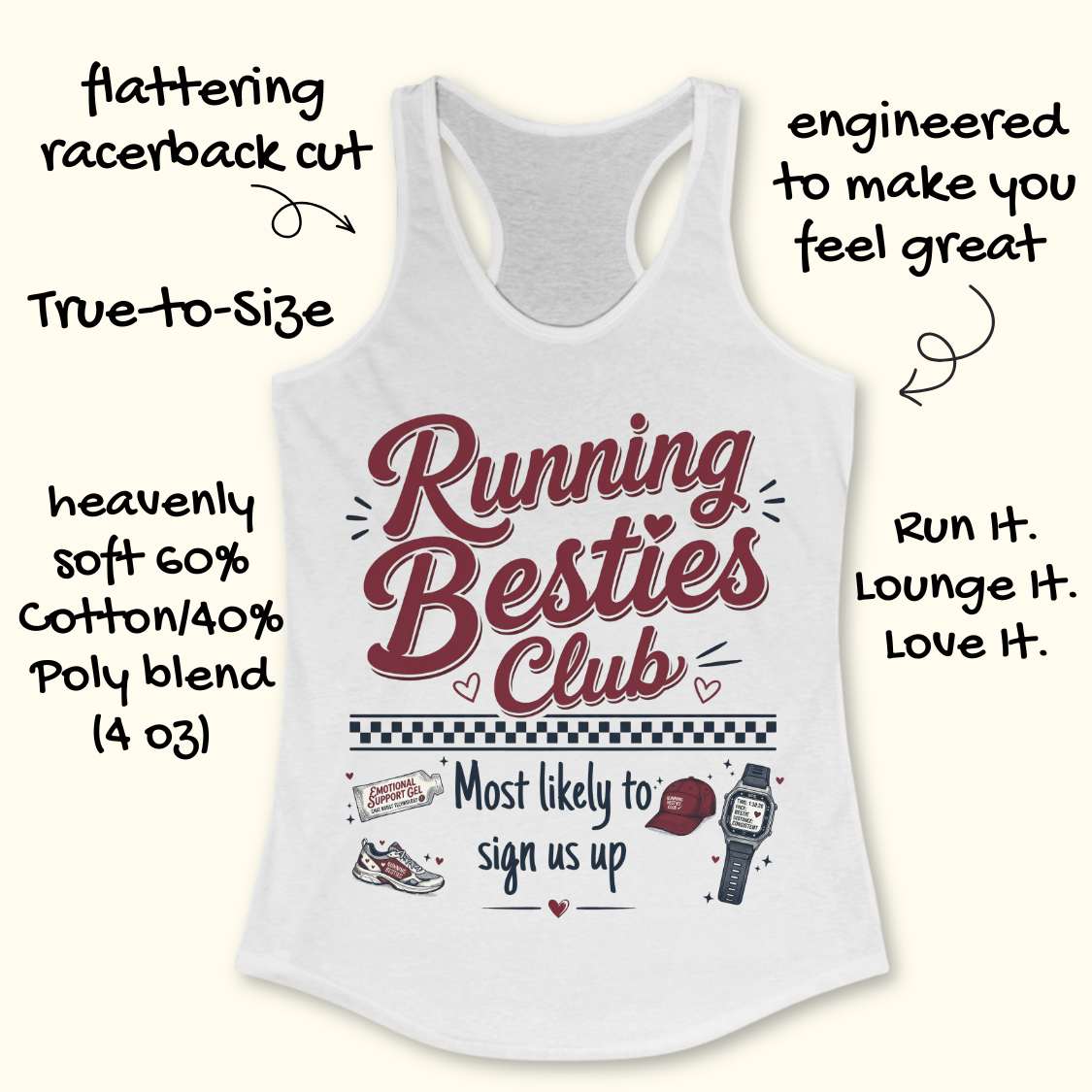 White tank top with 'Running Besties Club' text and graphics on a white background