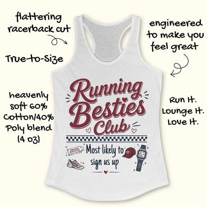 White tank top with 'Running Besties Club' text and graphics on a white background