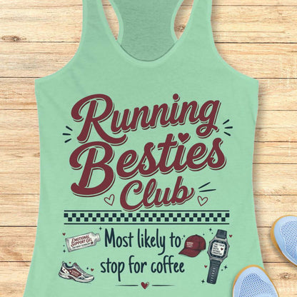 Mint green tank top with 'Running Besties Club' text and graphics on a wooden surface