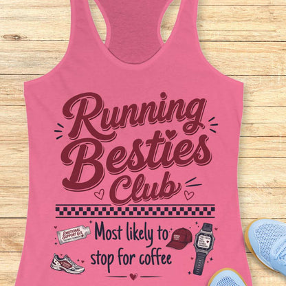 Pink tank top with 'Running Besties Club' text and graphics on a wooden surface.