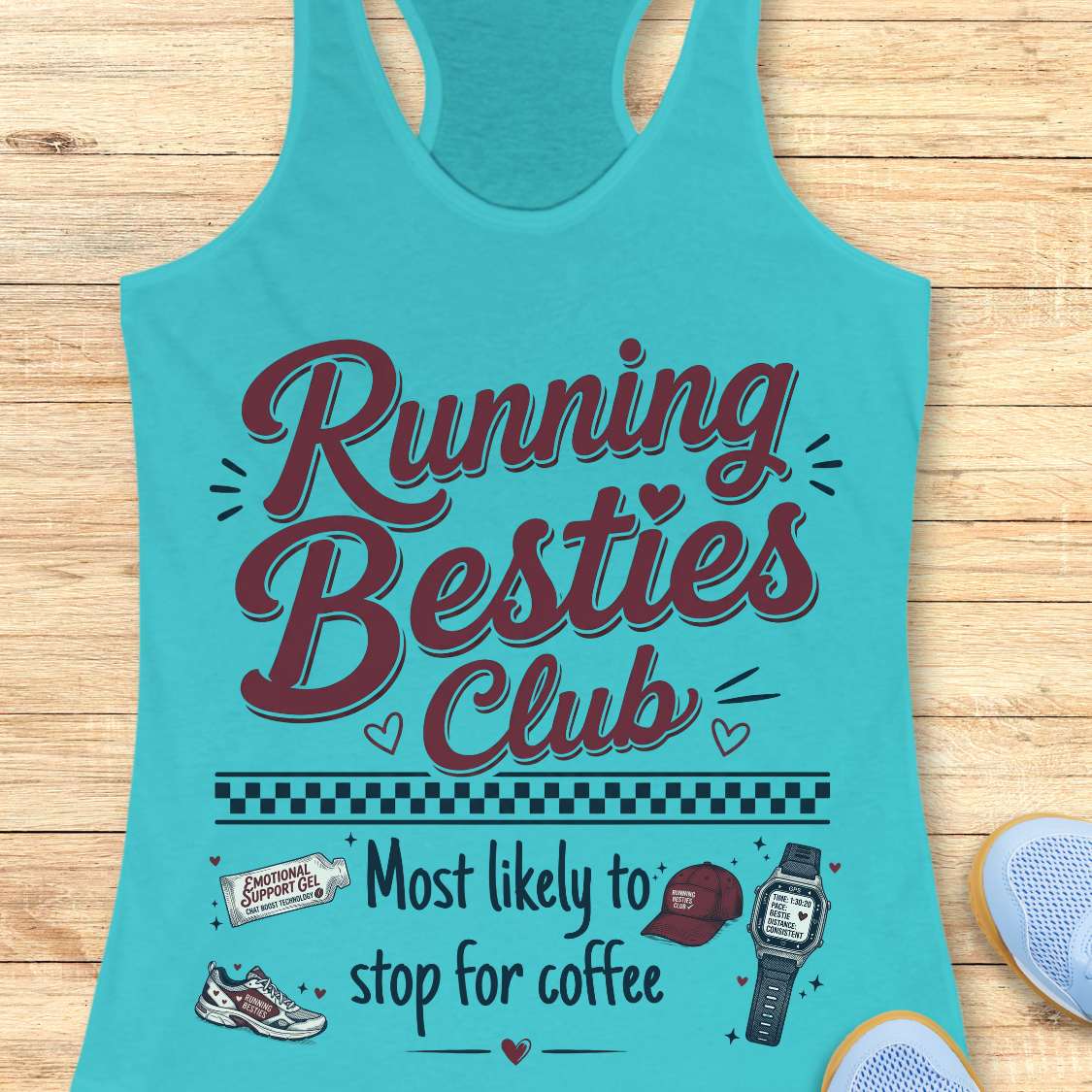 Turquoise tank top with 'Running Besties Club' text and graphics on a wooden surface