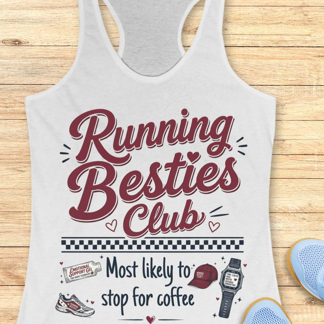 white tank top with 'Running Besties Club' text and graphics on a wooden surface