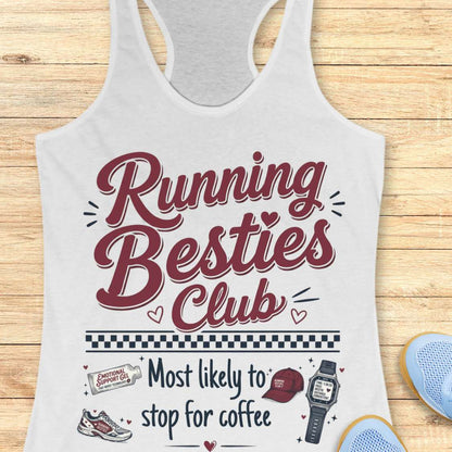 white tank top with 'Running Besties Club' text and graphics on a wooden surface